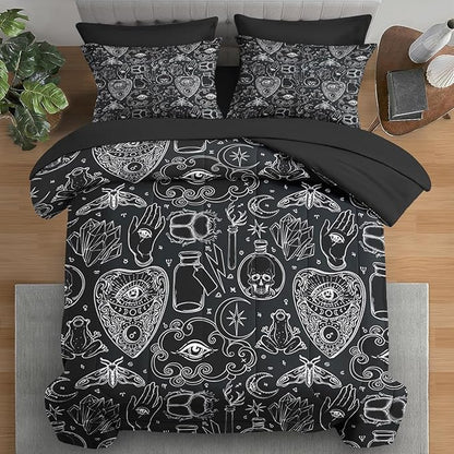 Comforter Set Queen Size, Medieval Retro Halloween 7 Pcs Bedding for Kids and Adults, Gothic Vintage Bed Sheet Sets with Fitted Sheet 2 Pillowcases & 2 Shams for Bedroom Bed Decor