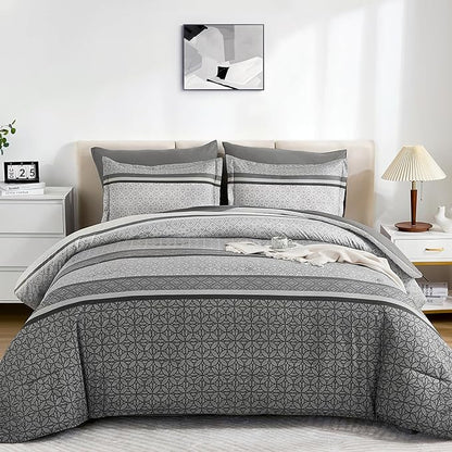 WONGS BEDDING Grey Comforter Set Queen Size, 7 Pieces Striped Bed in a Bag Comforter and Sheet Set, Bohemian Soft Lightweight Micorfiber Bedding Set for All Seaon (90"×90")