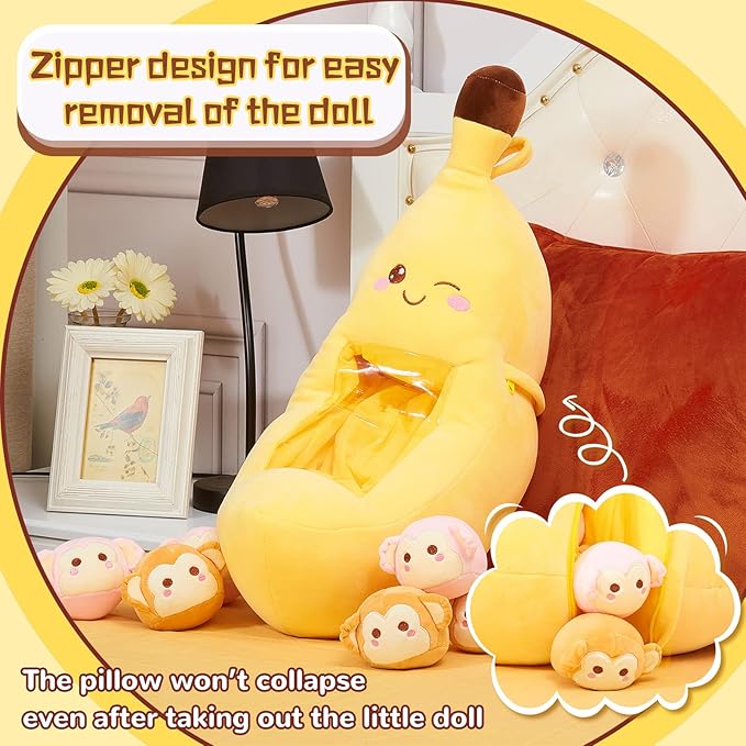 Lewtemi Cute Banana Pillow Kawaii Stuffed Animal Removable Emotional Plush Support Cat Dinosaur Gift for Home Room Positive Decor(Banana)