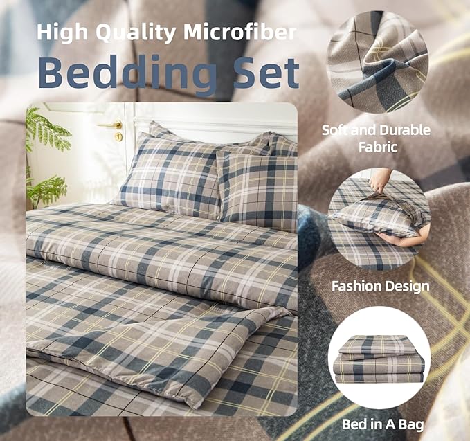 SDY 7PCS Queen Size Gingham Comforter and Sheet Set，Plaid Bedding Set with 1*Comforter,1* Flat Sheet, 1*Fitted Sheet,2*Pillowcases and 2*PillowcaseShams,Super Soft Microfiber Bedding Sheet Set