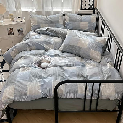 mixinni Queen Comforter Set Soft Aesthetic Blue Geometric Checkered Plaid Printed Bedding Comforter for Men Boys, 1 Soft Microfiber Reversible Comforter with 2 Pillowcases for All Seasons