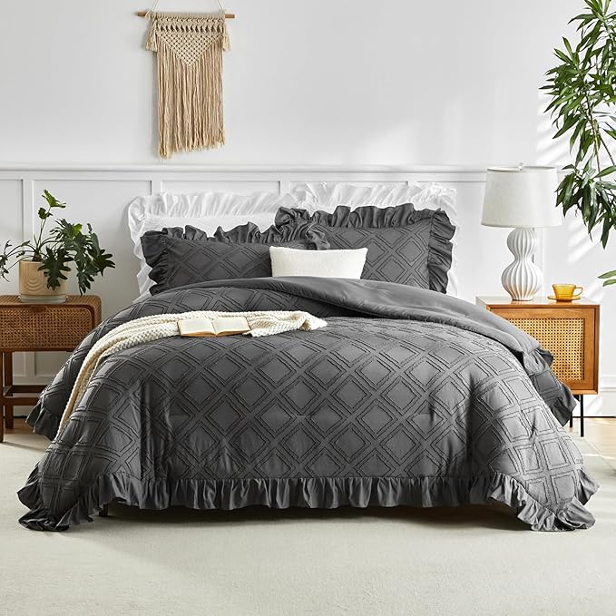 Tufted Grids Ruffle Comforter Set King Size, 3 Pieces Dark Grey Vintage Farmhouse Shabby Chic Comforters, Jacquard Boho Bohemian Bedding Set for All Season (1 Ruffled Comforter+ 2 Pillow Shams)