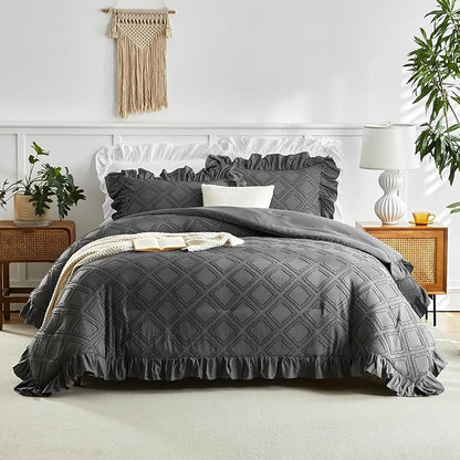 Tufted Grids Ruffle Comforter Set King Size, 3 Pieces Dark Grey Vintage Farmhouse Shabby Chic Comforters, Jacquard Boho Bohemian Bedding Set for All Season (1 Ruffled Comforter+ 2 Pillow Shams)