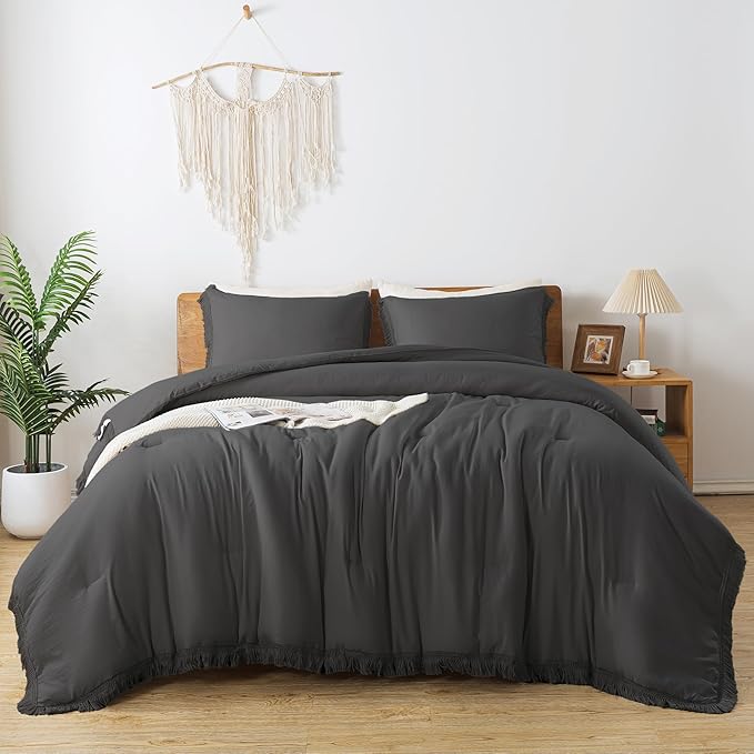 Andency Comforter King Size Bed Set Dark Grey, 3 Pieces Boho Lightweight Winter Bedding Comforters & Sets, All Season Soft Tassel Bed Set (104x90In Comforter & 2 Pillowcases)