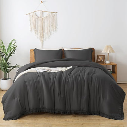 Andency Comforter King Size Bed Set Dark Grey, 3 Pieces Boho Lightweight Winter Bedding Comforters & Sets, All Season Soft Tassel Bed Set (104x90In Comforter & 2 Pillowcases)