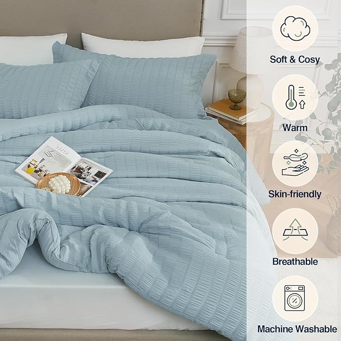 Oversized Queen Comforter Set Mist Blue,Extra Length Fit for Thick Mattresses,3PCS Seersucker Bedding Comforter for All Season, Oversized Queen Size(98''×98'' Comforter & 2 Pillowcases)