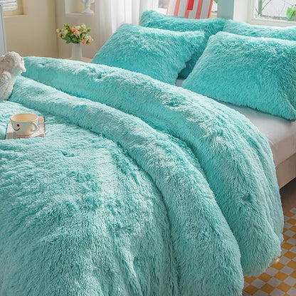 chovy Faux Fur Plush Sky Blue Comforter Sets Queen - Ultra Soft Shaggy Flannel Velvet Fluffy Fuzzy 3PC Bedding Set (Comforter x 1 Pillowcases x 2)