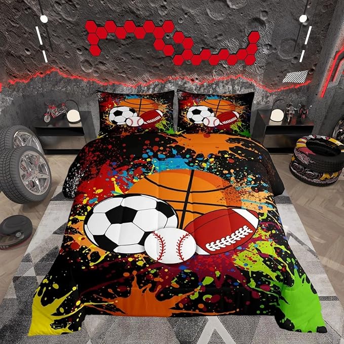 Feelyou Rugby Sports Comforter Set Toddler Size Baseball Comforter for Boys Girls Teens Basketball Bedding Set Football Duvet Set Room Decor Multiful Mixed Ball Quilt Set