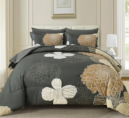 Yiran Queen Khaki Grey Brown Comforter Set - 7 Pieces Floral Bedding Sets,Bed in a Bag Soft Microfiber Comforter with Flat Sheet Fitted Sheet Pillowshams Pillowcases