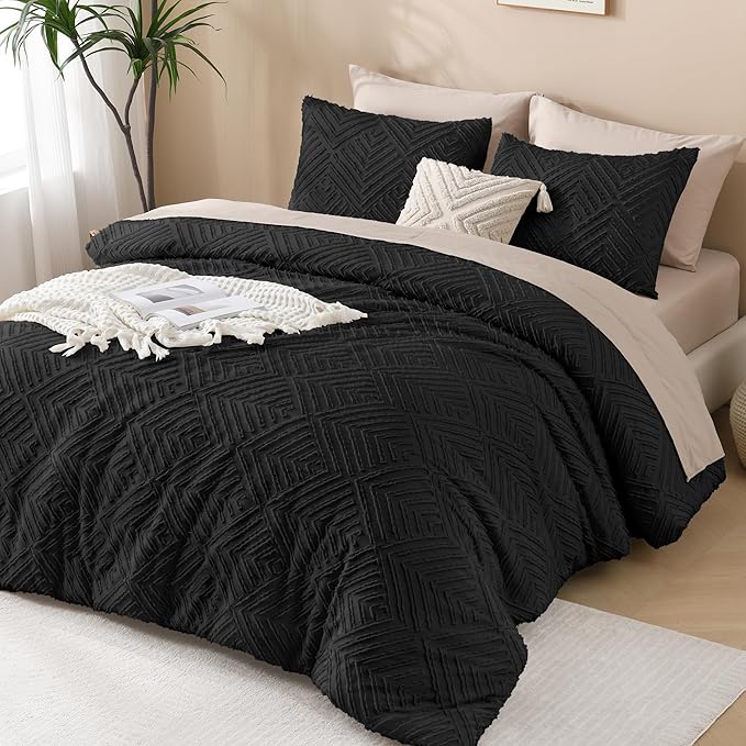Andency Black California King Comforter Set, 3 Pieces Black Boho Bedding Set & Collections, Farmhouse Tufted Fluffy Bed Set for California King Bed (1 Comforter 104x96In, 2 Pillowcases)