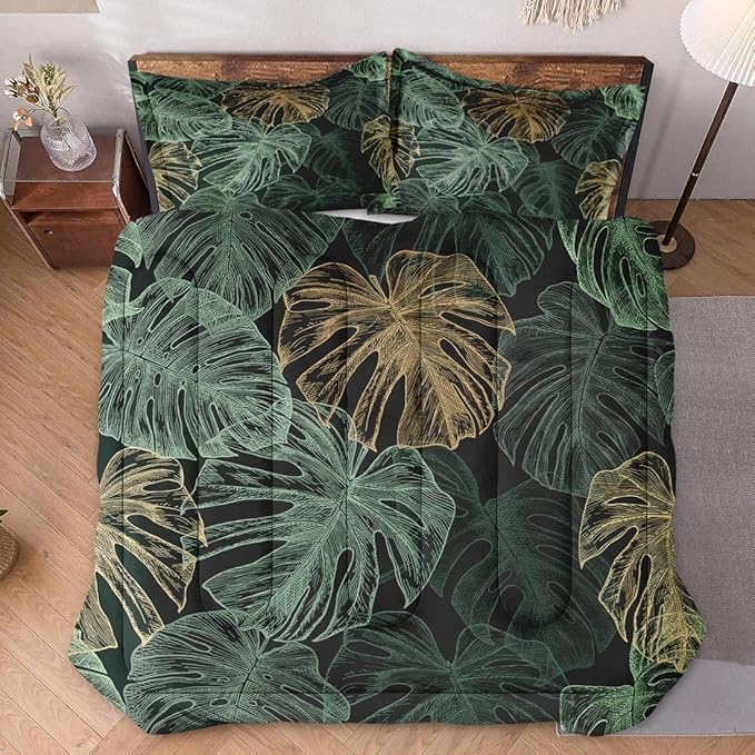 King Size Comforter Set with 2 Pillowcases, Green Tropical Leaves 3 Pcs Bedding for Kids and Adults, Monstera Palm Leaf Soft Comforter Set for Bedroom Bed Decor