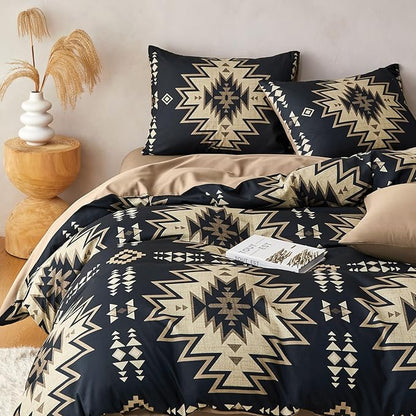 Wake In Cloud - Western Comforter Set, Boho Southwestern Rustic Farmhouse Style with Aztec Geometric Block Pattern, Soft Lightweight Bedding, 3 Pieces, Tan Black, King Size