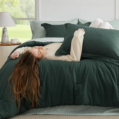 Bedsure King Size Comforter Set - 7 Pieces Forest Green King Bedding Set for All Seasons, Boho Contrasting Design Bed in a Bag with Comforter, Sheets, Pillowcases & Shams