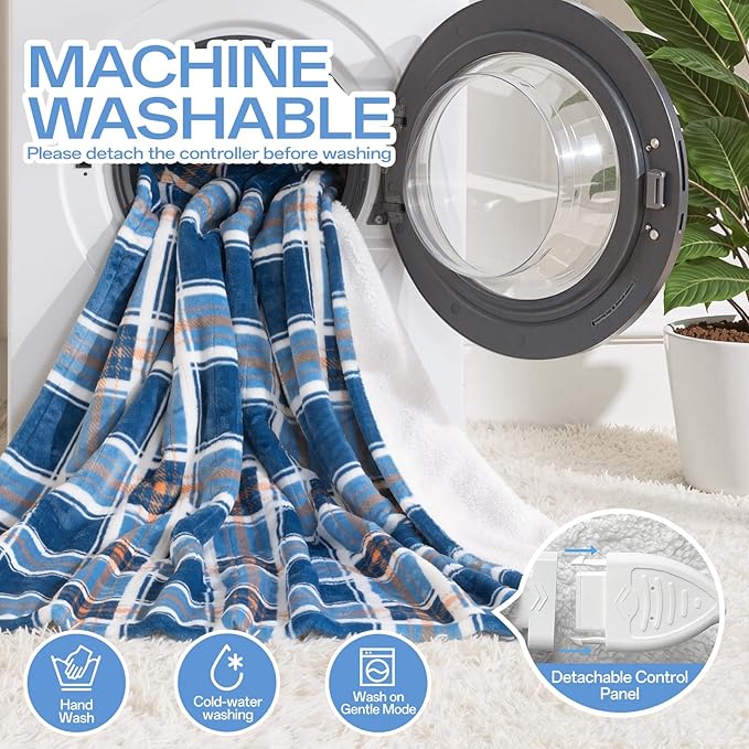 Twin Size Electric Blanket Heated, 62" x 84" Blue Plaid Heated Blanket with 8 Heat Levels & 10 Hours Auto Off, Fast Heating Blankets Machine Washable with ETL & FCC Certification