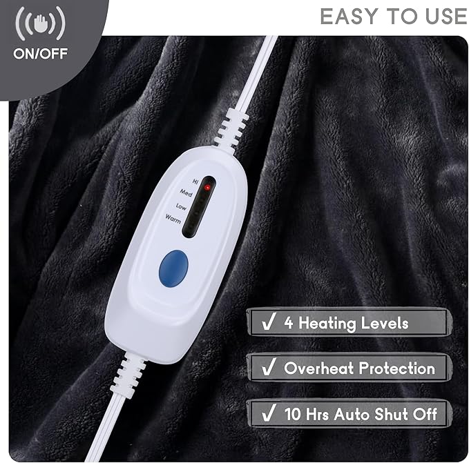 Heated Blanket Electric Blanket Full Size 72''x84'' with 4 Heating Levels, 10 Hour Auto Shut Off, Machine Washable, Soft Flannel Warming Blanket for Couch, Bed, Office - Dark Grey