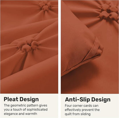 UNIKOME King Size Comforter Set Burnt Orange - Ultra Soft Boho Pintuck Down Alternative Bedding Set for All Seasons, 3 Pieces Lightweight Warm Pinch Pleat Bed Set with Comforter, 2 Pillowcases