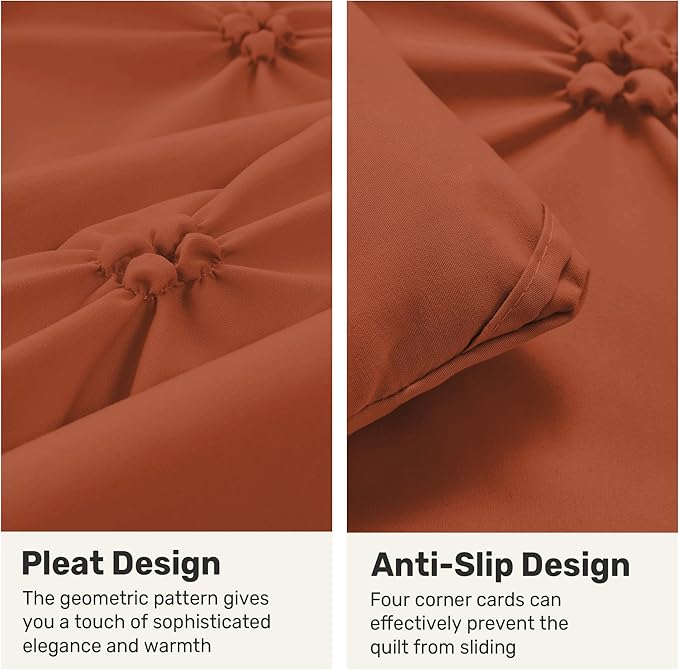 UNIKOME Queen Comforter Set Burnt Orange - Ultra Soft Boho Pintuck Down Alternative Bedding Set for All Seasons, 3 Pieces Lightweight Warm Pinch Pleat Bed Set with Comforter, 2 Pillowcases