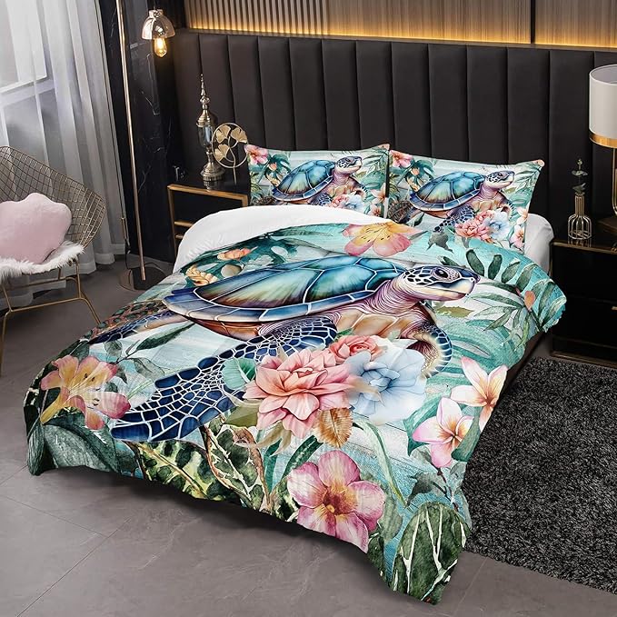 Spring Sea Turtle Comforter Set 3 Pcs Bedding Set Full Size for Girls,Wooden Floral Tropical Plants Printed Quilts Set Lightweight Soft Microfiber Warm All Season with 2 Pillowcases