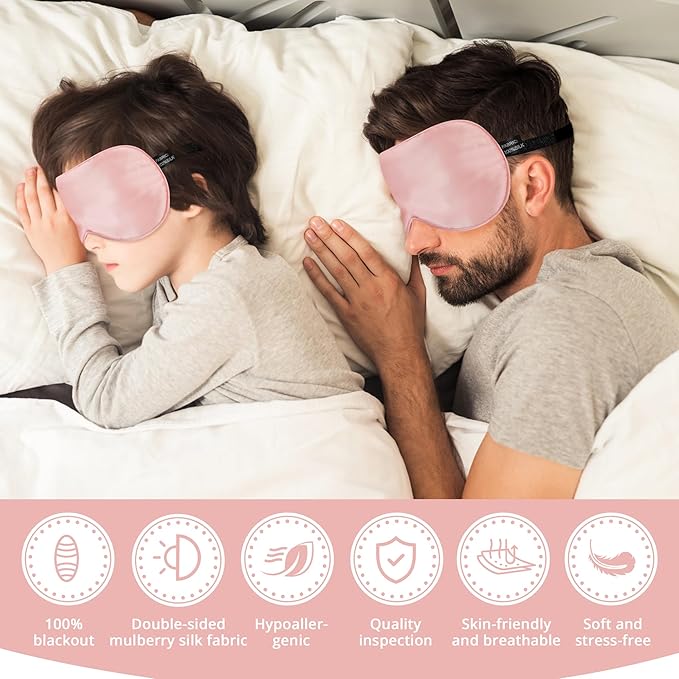 Silk Sleep Mask Eye Cover, 100% Real Natural Eye Mask for Sleeping with Adjustable Strap, 100% Silk Filling Blindfold, sleepmask for Kids/Teens/Adults, Sleeping Masks for Family (2 Pink)