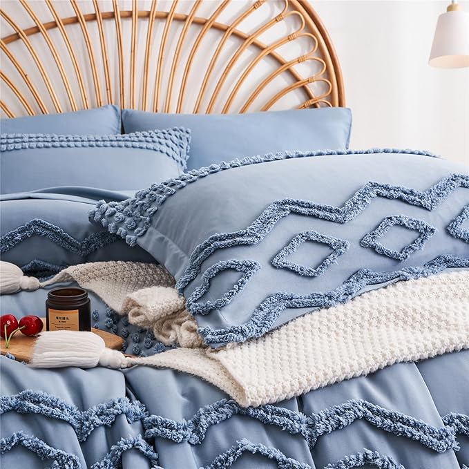 KAKIJUMN Blue Tufted 7-Piece Queen Comforter Set, Shabby Chic Boho Comforter and Sheet Set, All Season Soft Microfiber Complete Bedding Set