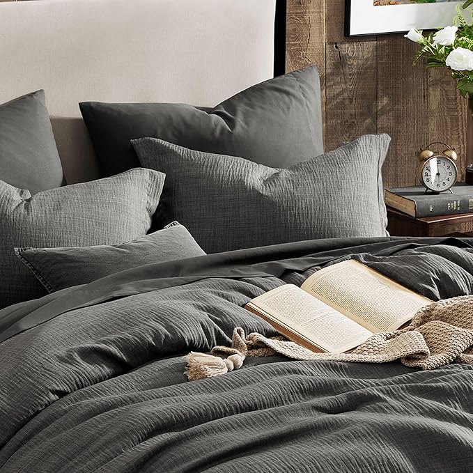Geniospin Full Comforter Set - 7 Pieces Comforter Full Size, Solid Bedding Sets for All Season, Textured Bed in a Bag with Flat Sheet and Fitted Sheet, Pillowcases and Shams (Grey, 80''x90'')