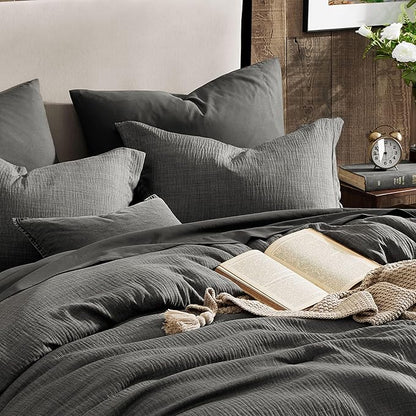 Geniospin Queen Comforter Set - 7 Pieces Comforter Queen Size, Solid Bedding Set for All Season, Textured Bed in a Bag with Flat Sheet and Fitted Sheet, Pillowcases and Shams (Grey, 90''x90'')