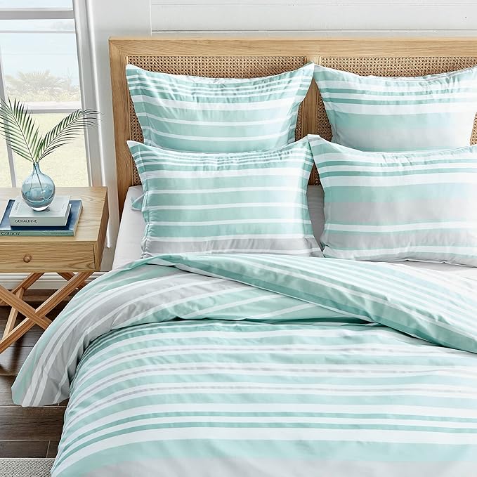Levtex Home - Truro Spa Duvet Cover Set - King Duvet Cover + Two King Pillow Cases - Stripe - Spa, Grey and White - Duvet Cover (106 x 94in.) and Pillow Case (36 x 20in.) - Cotton