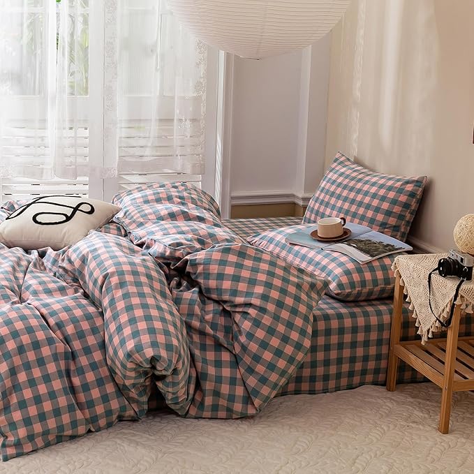 VM VOUGEMARKET Plaid Bedding Comforter Set King Pink Purple Blue Plaid Grid Down Comforter with 2 Pillowcases,Modern Women Girls Quilt Set