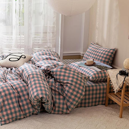 VM VOUGEMARKET Pink Plaid Comforter Set Full Blue Grid Gingham Down Comforter with 2 Pillowcases,Washed Cotton Modern Cozy Bedding Quilt Set for Teen Girls 80"x90"