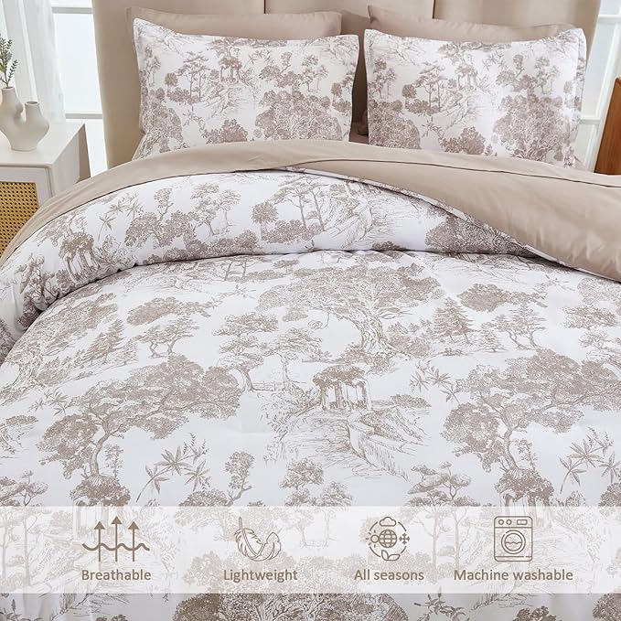 DJY Khaki Comforter Set Full Size,7 Pieces Bed in a Bag Botanical Comforters with Sheets Elegant Plants Print Soft Microfiber Reversible Complete Bedding Sets for All Season