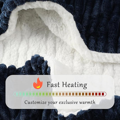 Electric Blanket Heated Twin Blanket, Super Soft Flannel & Sherpa Electric Twin Blanket with 6 Fast Heating Levels, 10 Hours Auto Off & OverHeat Protection, Machine Washable, 62'' X 84'', Navy Blue