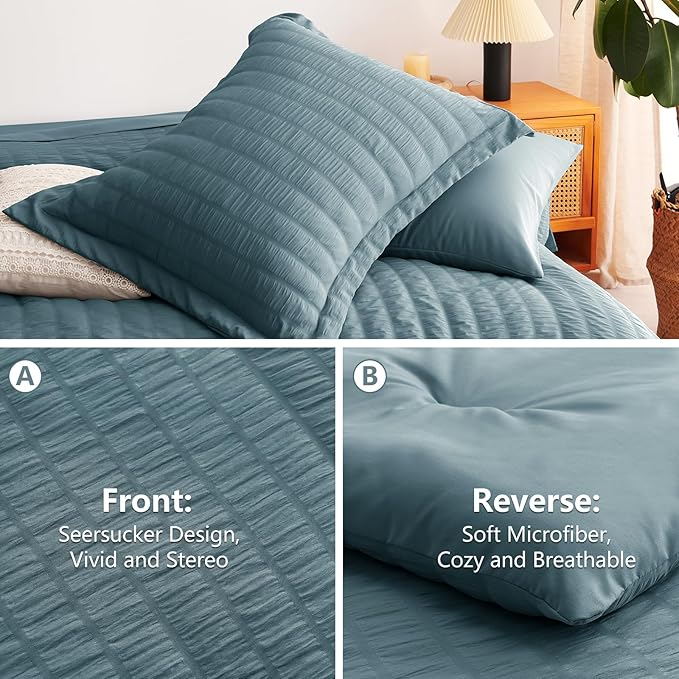 CozyLux King Size Comforter Set Mineral Blue Seersucker 7 Pieces Bed in a Bag King Comforter Set with Sheets, Luxury Bedding Set with Down Alternative Comforter, Sheets, Pillowcases & Shams All Season