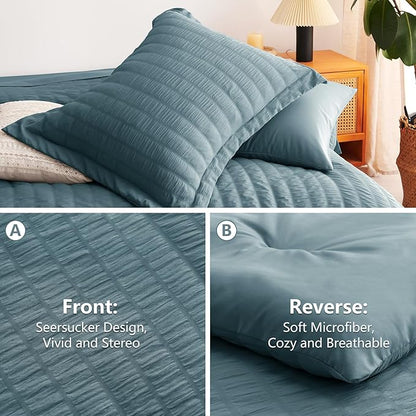 CozyLux Queen Comforter Set Mineral Blue Seersucker 7 Pieces Bed in a Bag Queen Comforter Set with Sheets, Luxury Bedding Set with Down Alternative Comforter, Sheets, Pillowcases & Shams All Seasons