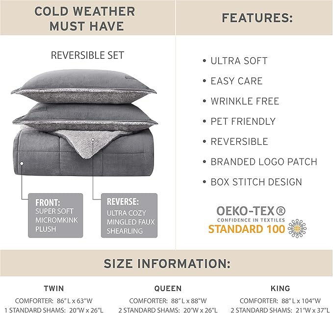 Eddie Bauer - King Comforter Set, Microsuede Bedding with Soft Sherpa Reverse, 3 Piece Bed Set with Matching Pillowcases (Sherwood Grey)