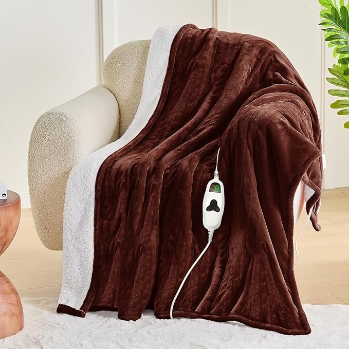 greenoak Heated Blanket Electric Full 72"X84", Heating Blankets with 10 Heat Levels 8 Hours Auto-Off, Soft Flannel Sherpa Fluffy House Warming Gifts for Grandma Seniors Mom,Mocha