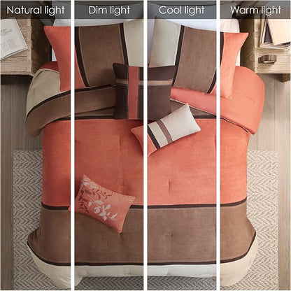 Madison Park Palisades Comforter Set Modern Faux Suede Pieced Stripe Design, All Season Down Alternative Cozy Bedding with Matching Shams, Decorative Pillows, Queen(90"x90"), Coral 7 Piece