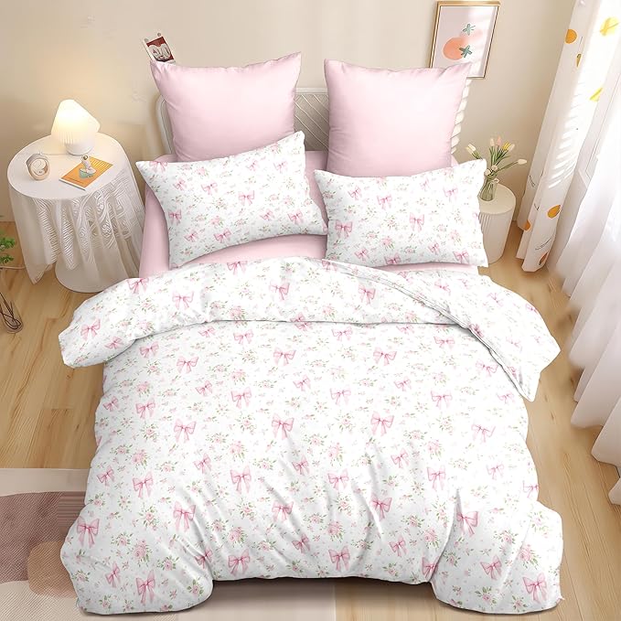 Nayoroom Pink Bow Comforter Set Full Size White Green Leaf Floral Comforter 3 Pieces Girls Soft Lightweight Cute Coquette Bedding Set for All Seasons