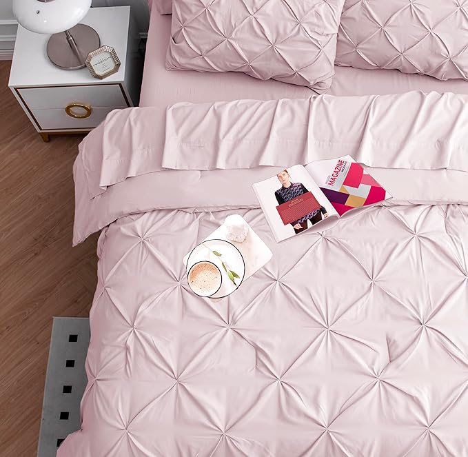 LANE LINEN Pink Twin XL Comforter Set - 5 Piece Stylish Bedding Sets - Pinch Pleat Bed in a Bag with Pintuck Comforter, Sheets, Pillowcase & Sham - Perfect for College Dorms & Apartments - Sepia Rose | Pinch pleat style, Soft dorm comfort, Light microf...
