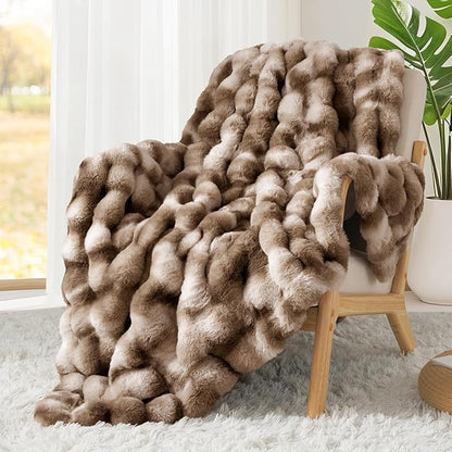 Touchat Luxury 1000GSM Rabbit Faux Fur Blanket, Super Heavy Warm Cozy Brown Blankets for Couch Bed Sofa, Ruched Plush Fuzzy Elegant Soft Reversible Mink Blanket for Living Room Bedroom, 90" x 90"