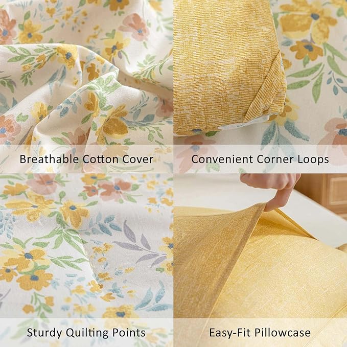 Natural Cotton 2pcs Floral Comforter Sets Twin Size-Yellow Comforter with Pink & Yellow Flowers and Blue & Green Leaves on White, Reversible Lightweight Bedding Sets(Twin 68"×90")