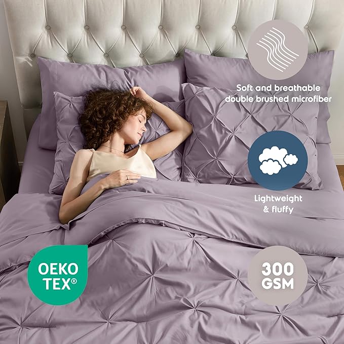Nestl 7-Piece Pinch Pleated Comforter Set - Dusty Purple, King Size, All Season, Bed in a Bag, Includes Flat & Fitted Sheets, Pillowcases & Shams
