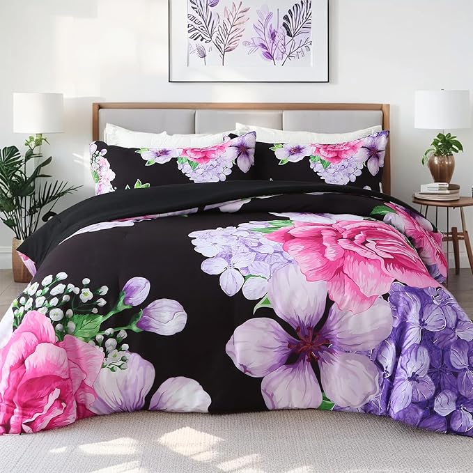 Floral Comforter Set Queen Size, 3 Pieces Elegant Black Floral Bed in a Bag, Soft Microfiber Botanical Flower Bedding Set with 2 Pillowcases for All Season 90"×90"