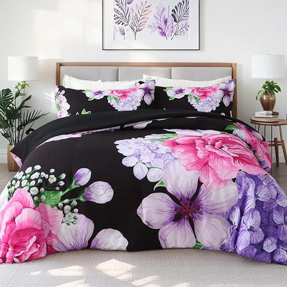 Floral Comforter Set King Size, 3 Pieces Elegant Black Floral Bed in a Bag, Soft Microfiber Botanical Flower Bedding Set with 2 Pillowcases for All Season 104"×90"
