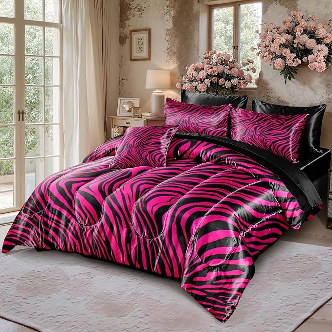 Zebra Print Bedding Set Hot Pink Satin Comforter with Sheets Zebra Stripe Animal Print Africa Wildlife Theme Silk Like Silky Bed in A Bag Black Pink Comforter Sets