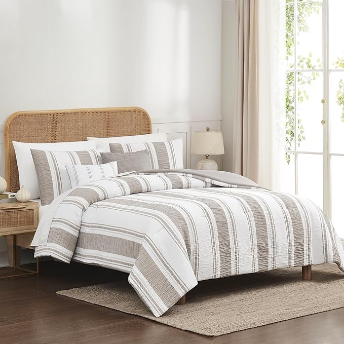 Modern Threads 5-Piece Jacquard Comforter Set, Lonnie Queen in White Taupe – Elegant Comforter, 2 Pillow Shams, and 2 Decorative Pillows