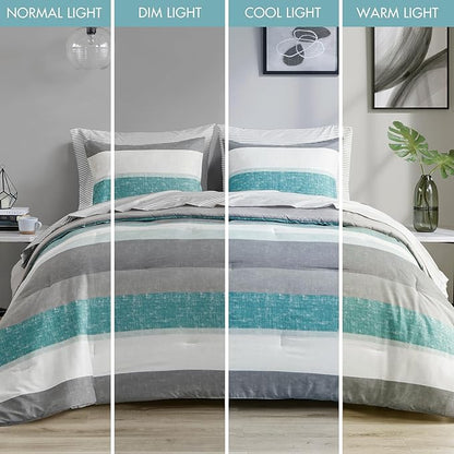 Madison Park Essentials Full Comforter Set, Bed in A Bag Comforter & Sheet Set, Modern Casual Stripes Print, All Seasons, Soft Microfiber Bedding Makeover, Matching Shams, Full Aqua/Grey 7 Piece