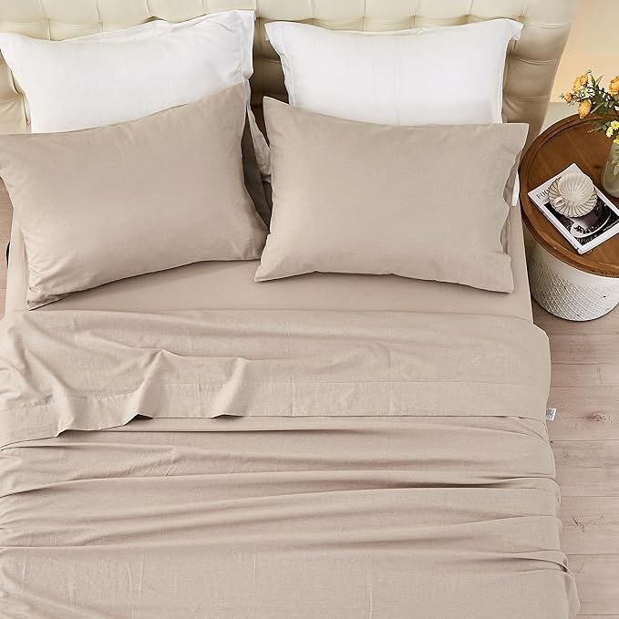 Simple&Opulence Belgian Linen Sheet Set Solid Color - Sheet Set 4PC - Cal King Natural Flax Cotton Blend Soft Bedding Breathable Farmhouse - Khaki, California King