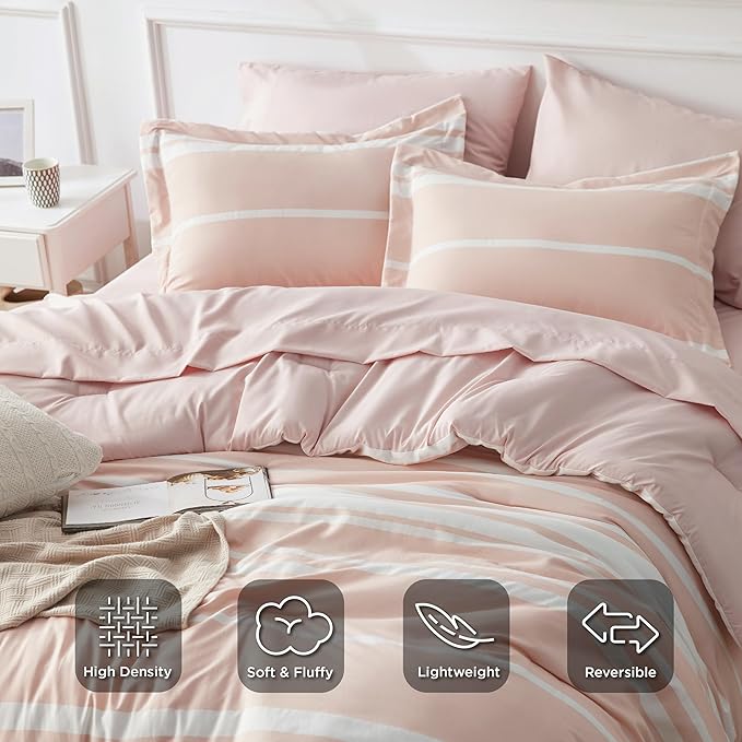 Bedsure Queen Comforter Set 7 Pieces, Light Pink Striped Bedding Set for All Seasons, Reversible, Cationic Dyeing Bed in a Bag with Comforter, Sheets, Pillowcases & Shams
