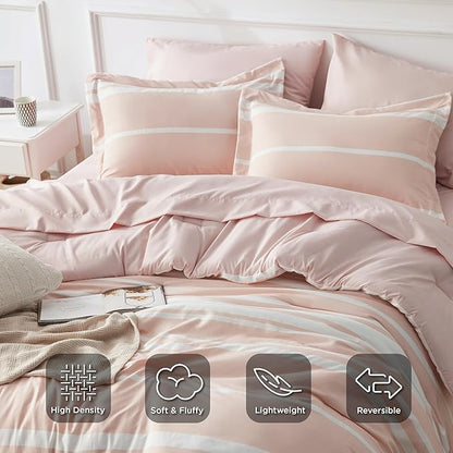 Bedsure Queen Comforter Set 7 Pieces, Light Pink Striped Bedding Set for All Seasons, Reversible, Cationic Dyeing Bed in a Bag with Comforter, Sheets, Pillowcases & Shams