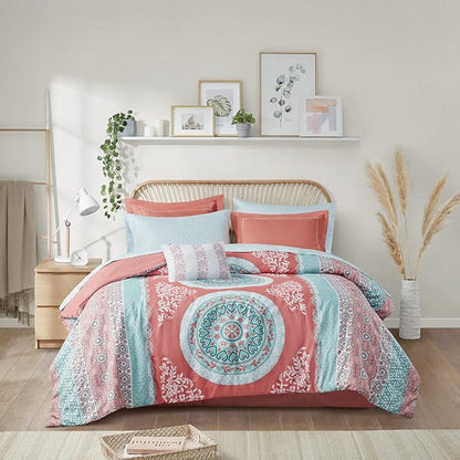 Intelligent Design Complete Bed In A Bag Casual Boho Comforter with Sheet Set Decorative Pillow, All Season Bedding Set, Queen, Loretta Coral 9 Piece
